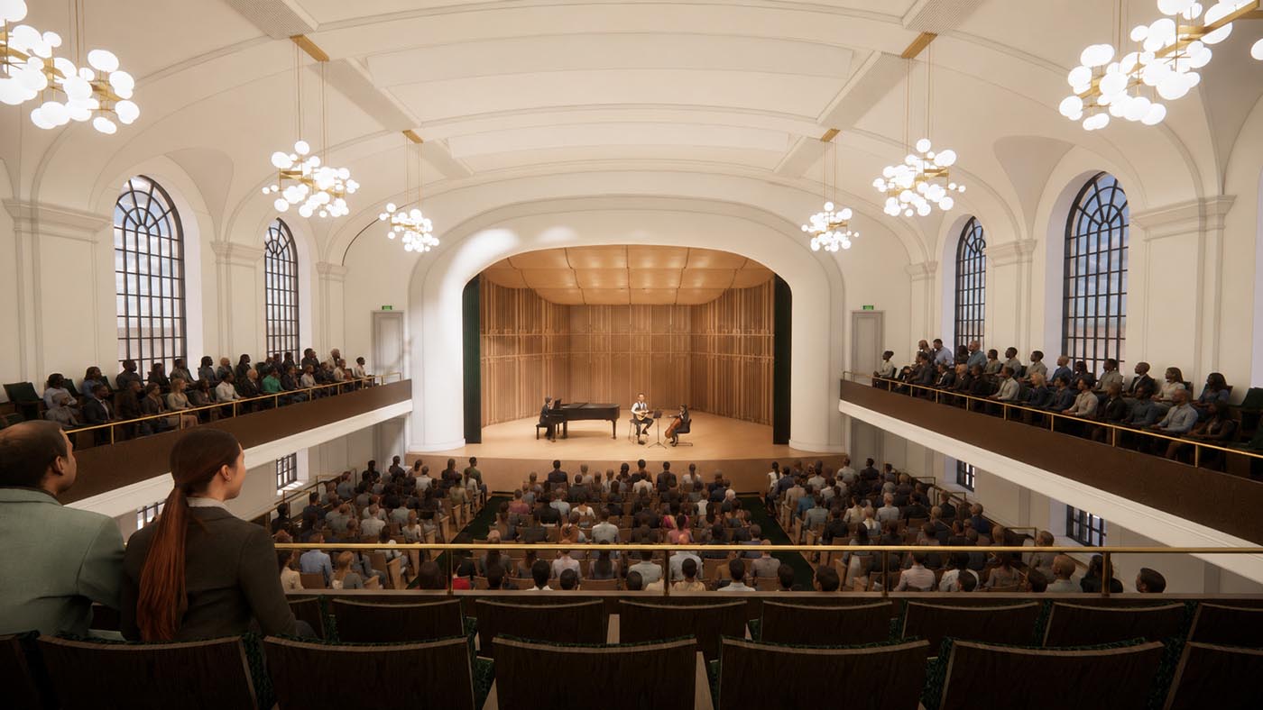 Architectural rendering of Convocation Hall during a performance, showing restored balconies, audience seating, heritage windows, and the main stage.
